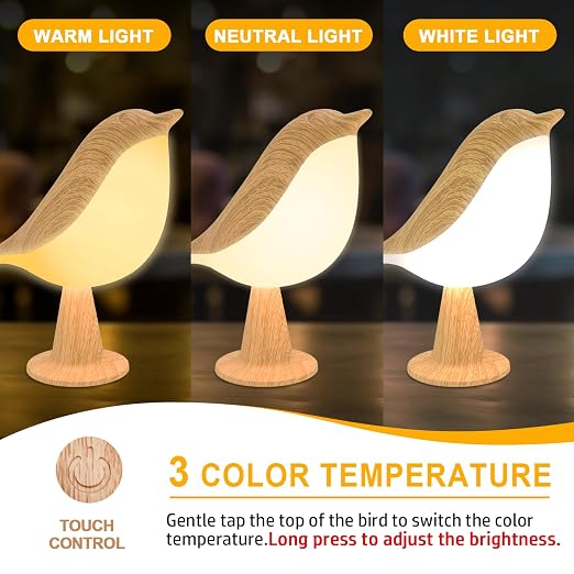 Deogos Small Desk Lamp, Cute Bird Light Cordless Lamp with 3 Color Temperature